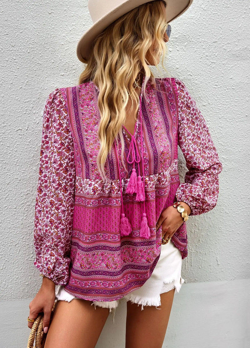 Boho lnspired Pink Floral Blouse Women V-neck Tassel Long Sleeve Bohemian Women Tops New Summer Fashion  Blouse Shirt For Women