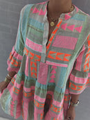 the PINK POPPY - Women Sexy V-Neck Ruffles Boho Spring Vintage Retro Print A-Line Casual 3/4 Flare Sleeve Loose Mini Dress