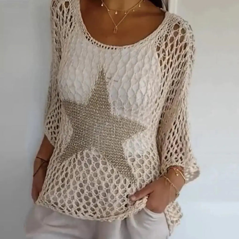 Women Fishnet Pullover Crochet Fishnet Blouse Stylish Women's Crochet Tops O-neck Fishnet Knit Blouse V-neck for Fashionable