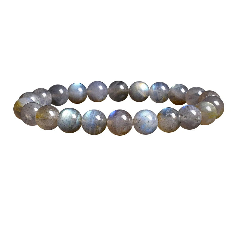 the LABRADORITE - Natural Grey Labradorite Bracelets, Flash Smooth Spectrulite Moonstone Round Elastic Beads Bracelet, Genuine Natural Stone Jewelry