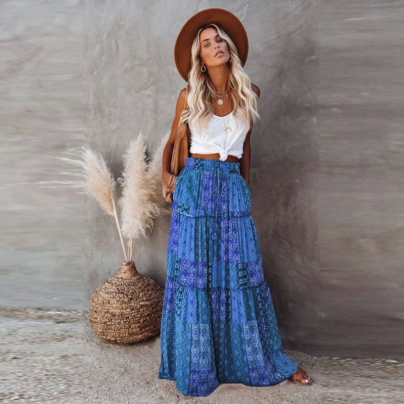 New Long Skirt Retro Skirt Loose Casual High Waist Skirt Bohemian Style Patchwork Pleated Pocket Skirt