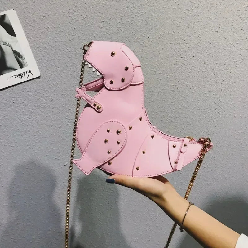 the DINO-MYTE - Trend Fashion 3D Dinosaur Design Rivets PU Leather Chain Purse, Shoulder Bag Tote, Crossbody Mini Messenger Bag
