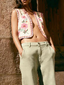 the EMBROIDERRY - Women's Vintage Boho Floral Embroidered Sleeveless Crop Cardigan Open Front Vest Outwear Jackets