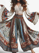 the GPYSY - Elegant Women's Trousers Bohemian Style Classic Retro Floral Pattern Print Elastic High Waist Wide Leg Pants