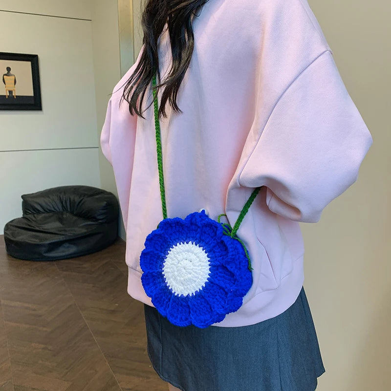 the KNITTED FLOWER - New Fashion Sunflower Pattern Women's Mini Knitted Handbag, Female Woven Shopper Purse, Lovely Design Chain Shoulder Crossbody Bag