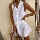 the WHITE SUMMER - Elegant Beach Party Boho Casual Cotton Linen White Summer V-Neck Ruffles Sleeveless Mini Dress