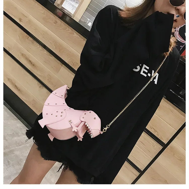 the DINO-MYTE - Trend Fashion 3D Dinosaur Design Rivets PU Leather Chain Purse, Shoulder Bag Tote, Crossbody Mini Messenger Bag