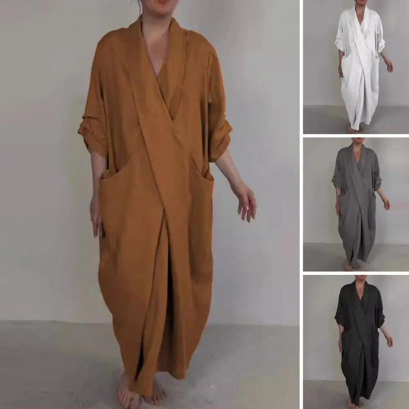 Spring Fall Maxi Dress Robe Baggy Cross V Neck Dresses Solid Color Large Pocket Retro A-line Bohemian Maxi Dress For Casual