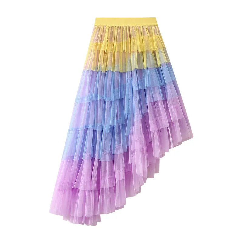 Women's Tulle Skirt Ruffle Multilayer Mesh A Line Tier Tutu Prom  Irregular High Waisted Gradient Rainbow TulleLong Skirt