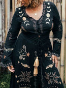 the MOON CHILD - Vintage V-Neck Long Dress Lace Up Large Hem Dress Long Sleeve Loose Long Robe