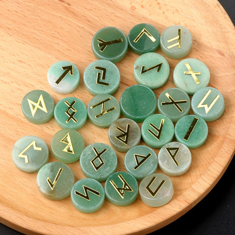 the RUNES - 25pcs Natural Crystal Runes Signs Round Stone Runic Alphabets Letters Sacred Symbol Healing Gem Energy Amulet Reiki Chakra Set