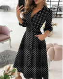 the BOHO WRAP - Spring/Summer V-Neck Fashion Three Quarter Sleeve Printed Polo Long Dress with Waist Tie Up