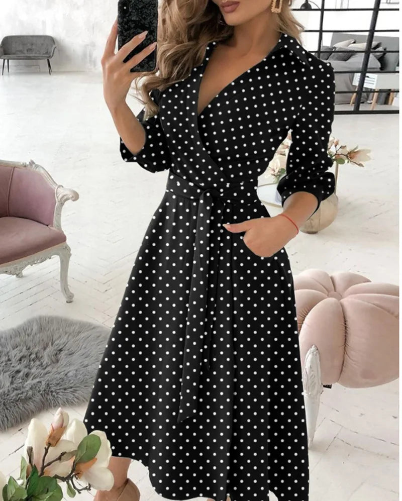 Women V-Neck Dress Spring And Summer New Fashion Three Quarter Sleeve Printed Women's Dress With Waist Tie Up Polo Long Dress