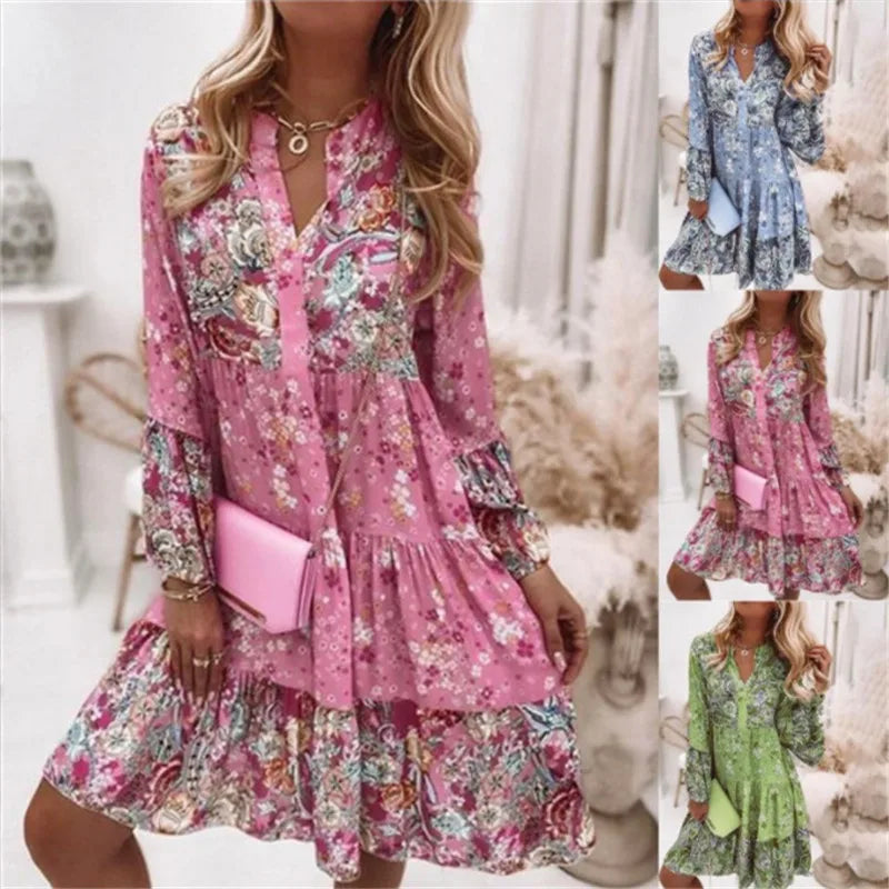 Casual Floral Print Dresses For Women 2024 Sping Summer Boho V Neck Loose A Line Dress Elegant Beach Party Dress Robe Femme