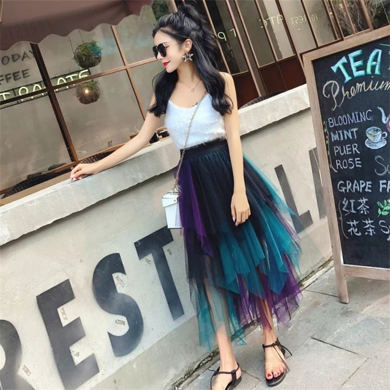 Fashion Summer Tutu Women Skirt Harajuku Tulle Bottom Faldas Casual High Waist Midi Mesh Skirts Woman Clothes Saia Jupe Femme