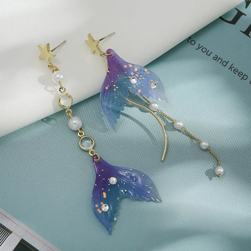 the MER-TAIL - Fishtail Imitation Pearl Tassel Earrings for Women, Fashion Butterfly Wing Heart Asymmetry Sweet Earring Party Jewelry