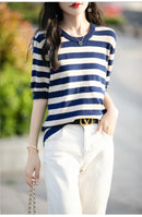 the CASHMERE - Sweater Short Sleeved Striped Sweater Pullover Knitted Cashmere Sweater for Women