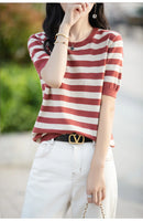 the CASHMERE - Sweater Short Sleeved Striped Sweater Pullover Knitted Cashmere Sweater for Women