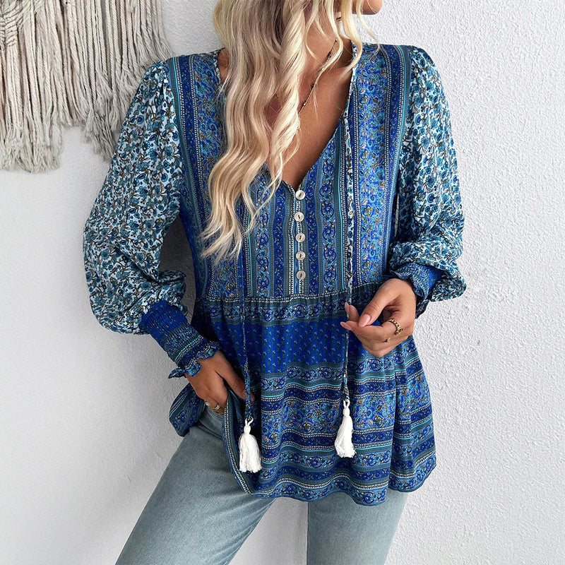 Boho lnspired Pink Floral Blouse Women V-neck Tassel Long Sleeve Bohemian Women Tops New Summer Fashion  Blouse Shirt For Women