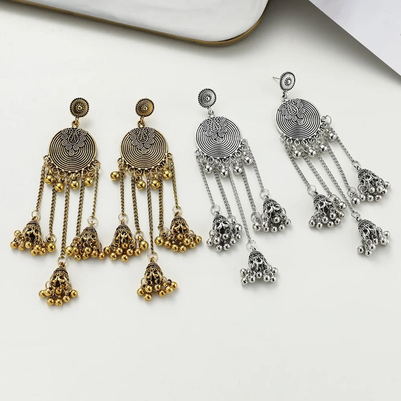 the GONG BELLS - Retro Geometric Round Bead Bells Tassel Long Dangling Earrings Women Indian Jhumka Jewelry