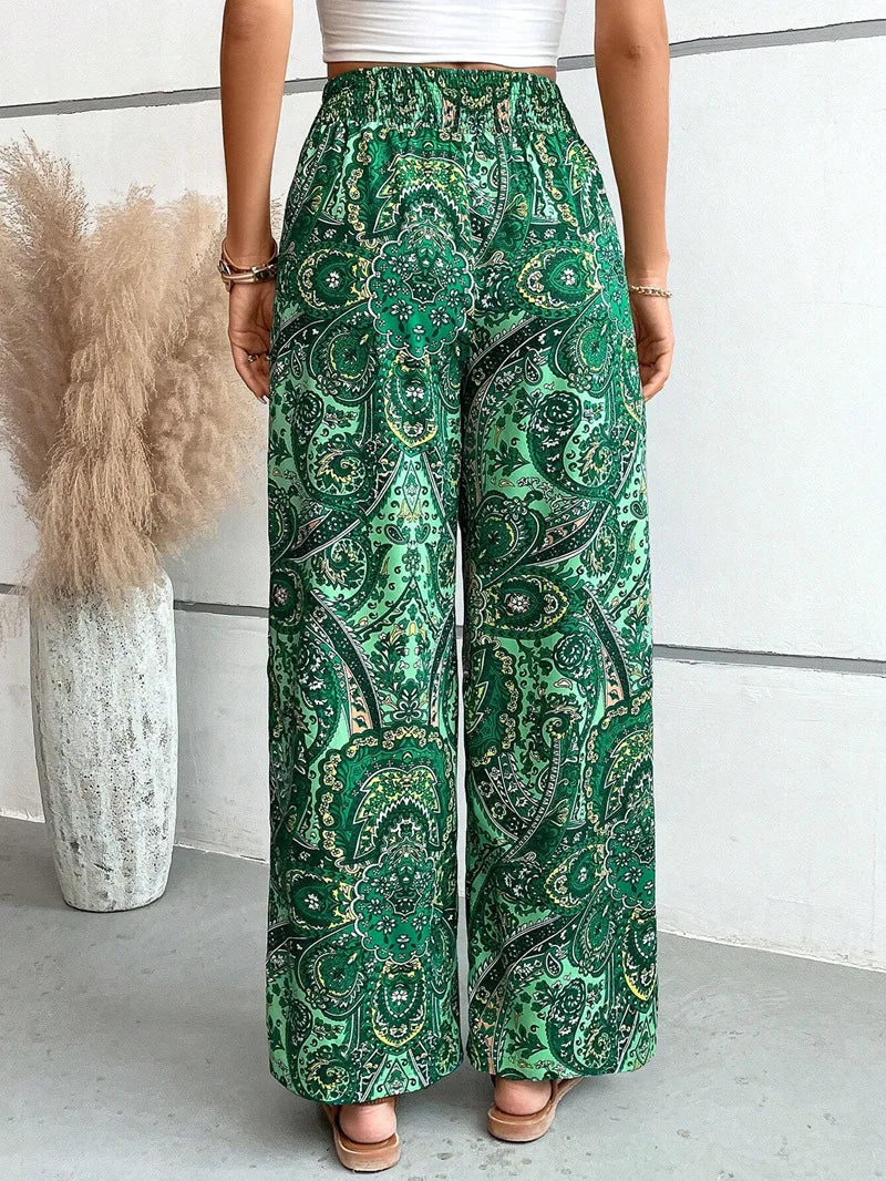 Women's Pants 2024 Summer New Fashion Versatile Printed Elastic Waist Wide Leg Pants Retro Ethnic Style Elastic Waist Trousers