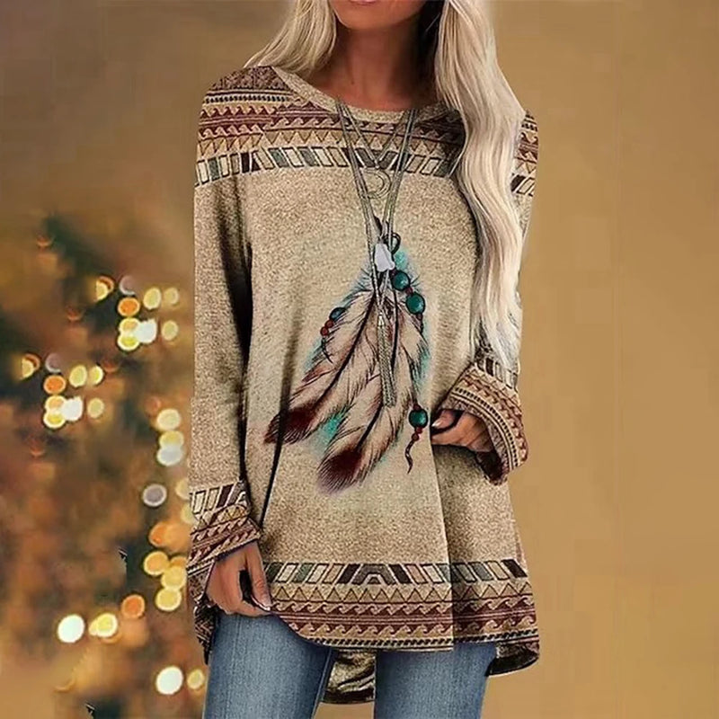 Feather Print Women's T-shirts Vintage Pattern Long Sleeves T shirt Indians Style Women Clothing Tops Autumn Loose Pullover