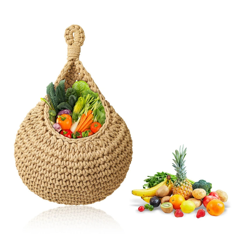 the WOVEN - 1PC Hanging Fruit Basket, Boho Jute Hanging Organizing Baskets, Handwoven Decorative Kitchen Fruit Vegetable Storage Baskets