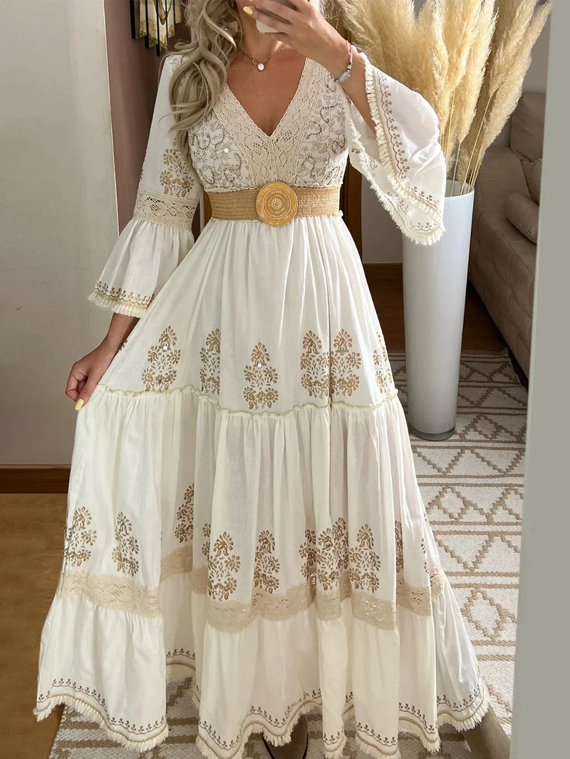 2025 Long Dress Women Summer Boho Lace Dresses Female Beach Holiday Hollow Out Dress Ladies Elegant Vintage Loose Vestidos