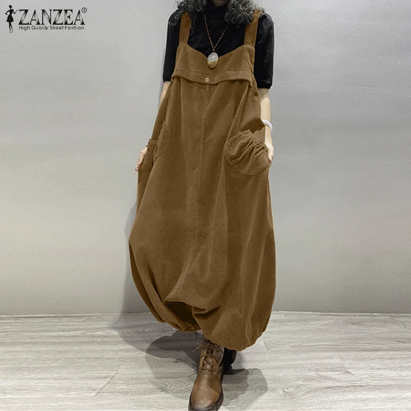 ZANZEA Streetwear Corduroy Bibbed-Jumpsuits Women Wide Leg Pant Drop-Crotch Overalls 2025 Spring Loose Casual Suspender Rompers