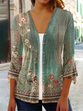 the VINTAGE BOHO - Women's Spring/Autumn Vintage Floral Print Knitted Cardigan Fashion Elegant V-Neck 3/4 Sleeve Tunic Sweater Coats