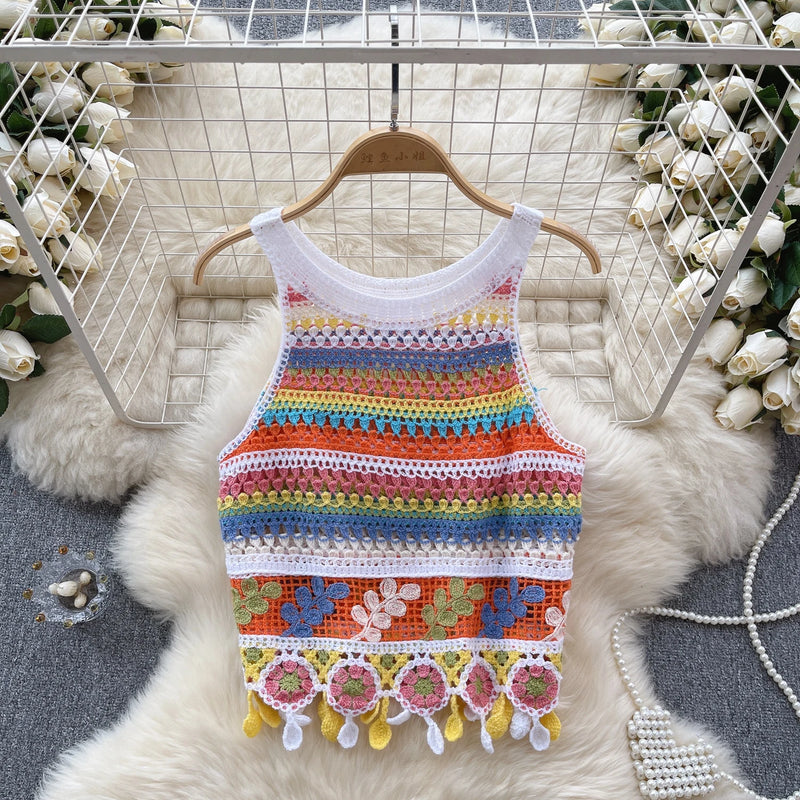 SINGREINY Bohemian Rainbow Knit Tops Y2k Hooked Flower Hollow Out Sleeveless Sweet Summer Women Holiday Beachwear Colorful Camis