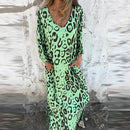 the LOUNGER BOHO - Vintage Leopard Print Bohemian Casual V-Neck Loose Long Sleeve Maxi Dress for Women