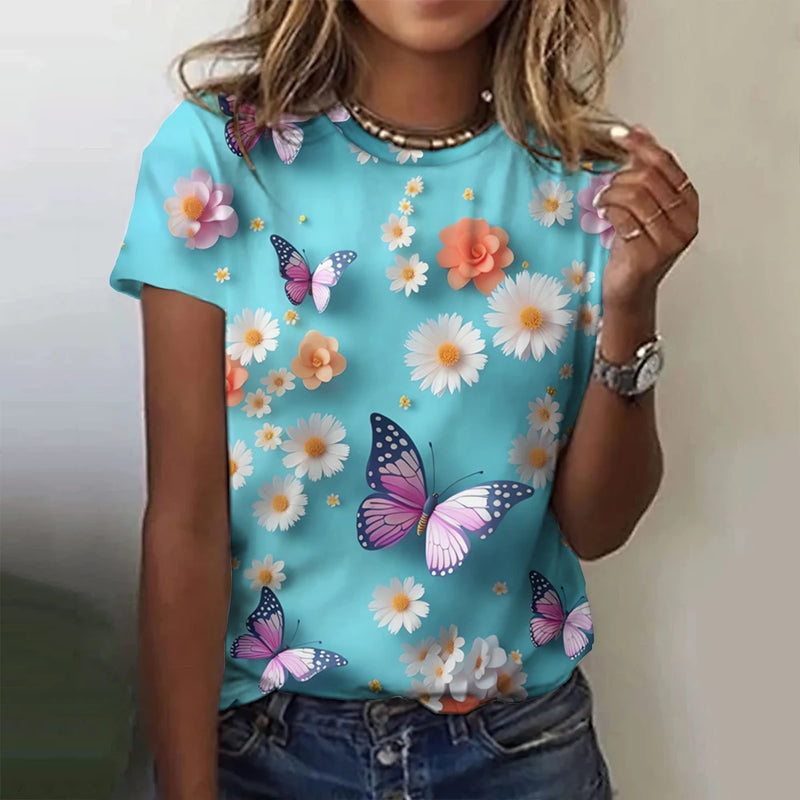 2024 Top Women Flower Printed Women's T-Shirt Oversized T-Shirt Popular Clothes Women Clothing Short Sleeve Tee Blouse