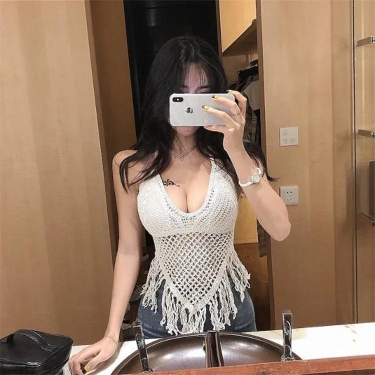 Knitted Tassels Hollow Out Tanks Camis for Women Bohemia Style Hault Sleeveless Sexy Femme Corset Crop Tops Beach Tank Camisoles