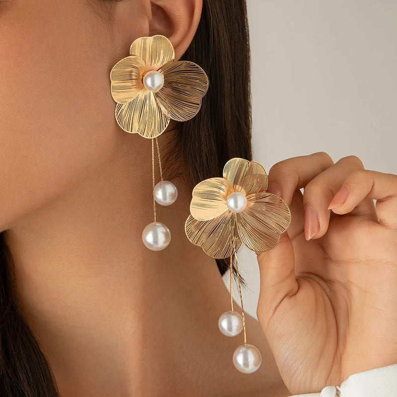 the FLOWER CHILD - Romantic Flower Petal Long Tassel Drop Earrings for Women, Imitation Pearl Hanging Piercing Earrings Jewelry Gift