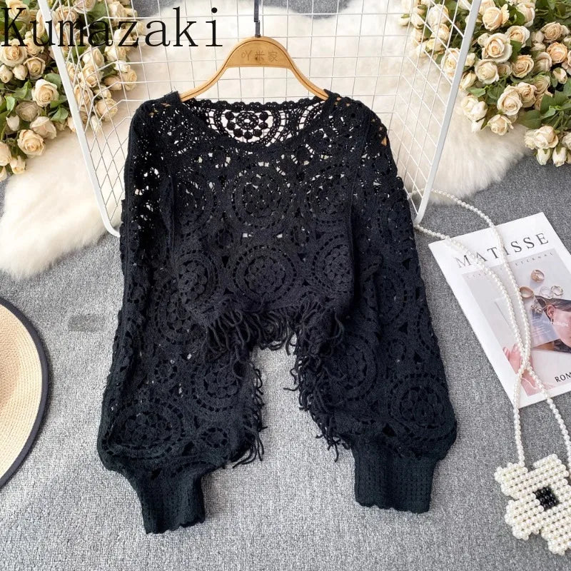 Retro ethnic style Knitted tops female tassel croche hollow out smock Female Dolman sleeve women's T-shirts casual ropa mujer