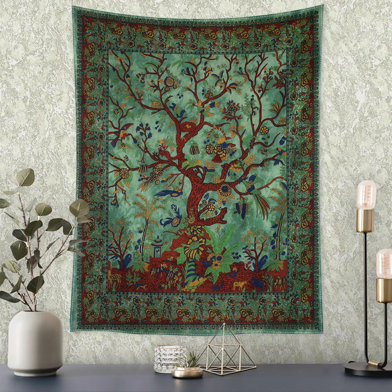 the BIRD TREE - Retro Flower and Bird Tree Tapestry Wall Hanging, Abstract Art Home Decor