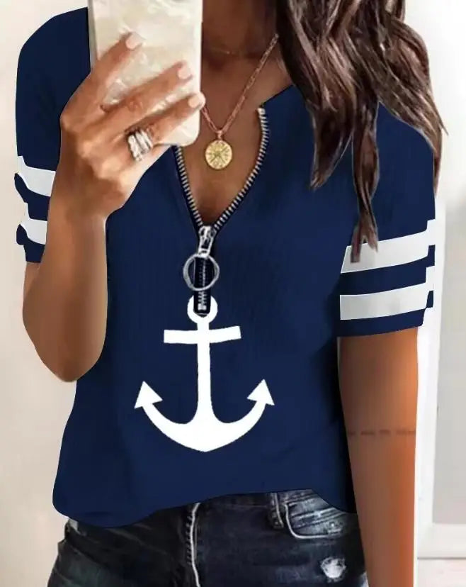 Top Women 2023 Summer Fashion Anchor Print Zipper Front Casual V-Neck Short Sleeve Daily T-Shirt Top Y2K Clothes