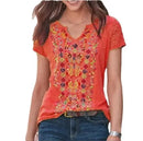 the VINTAGE BOHO - Fashion Casual V-Neck Short Sleeved Bohemian Floral Printed Blouses Loose T-Shirts