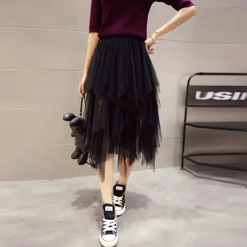 Fashion Summer Tutu Women Skirt Harajuku Tulle Bottom Faldas Casual High Waist Midi Mesh Skirts Woman Clothes Saia Jupe Femme