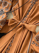 the INDIE BOHO - Bohemian Retro Ethnic Style Spring Autumn Embroidered Lace Up Lantern Sleeves Waist Cinching Long Dress