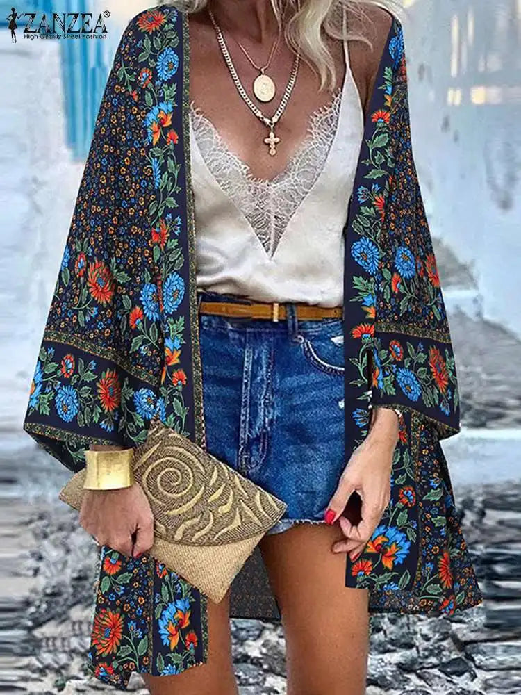 the BOHO CARDIGAN - Vintage Bohemian Floral Printed Summer Beach Long Sleeve Kimono Cardigan Open Up Cover Top