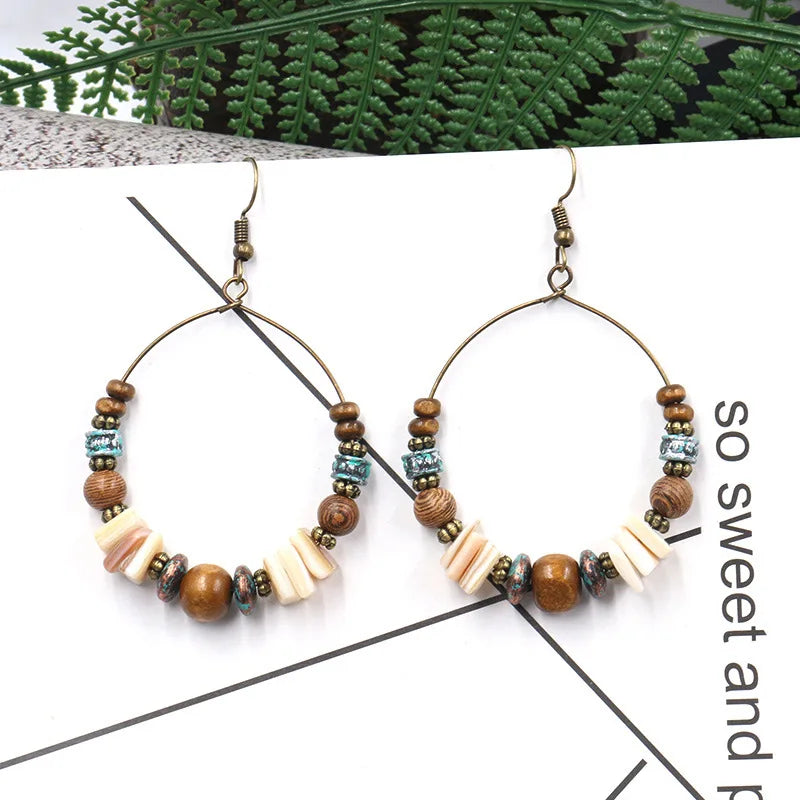 the STONE HEDGE - Shell Wood Beads Large Handmade Beaded Earrings, Fashion Women's Jewelry Valentine's Day/Wedding/Anniversary/Birthday Gift