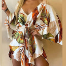 the RESORT BOHO - Women Print Dress Sexy V-Neck Bat Sleeve Ruffle Flowers Print Bohemian Beach Loose Summer Vacation Mini Dresses