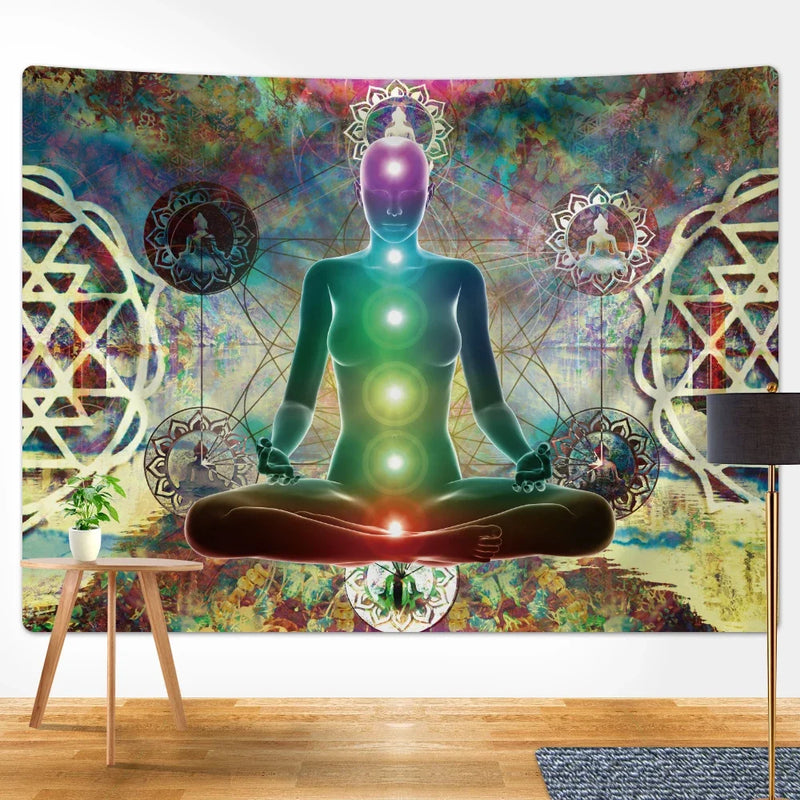 the MEDITATION - Mandala Seven Chakra Psychedelic Scene Home Decor Art Tapestry Hippie Wall Hanging, Boho Room Wall Decor