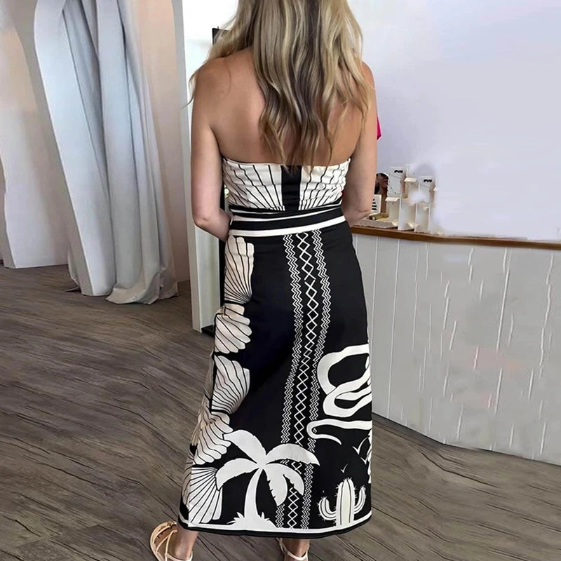 Color Block Printed Off Shoulder Dress Lady 2025 Summer Backless Split Holiday Dresses Sexy Strapless High Waist Bohemian Dress