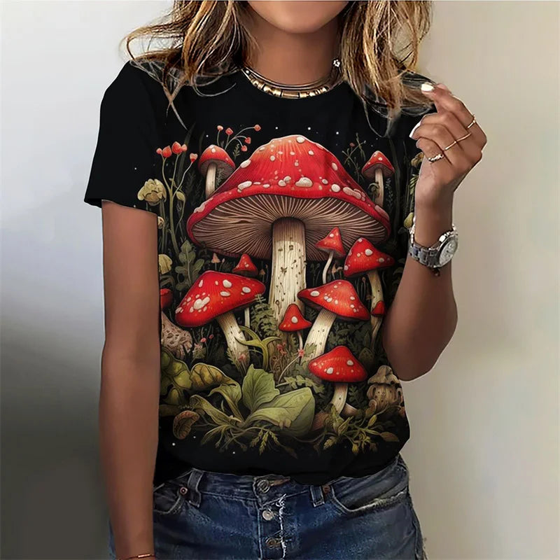 3D Printed Funny Mushroom T-Shirt For Women Plant Pattern Tees Summer Casual O-Neck Tops Short Sleeves Loose T Shirts Streetwear