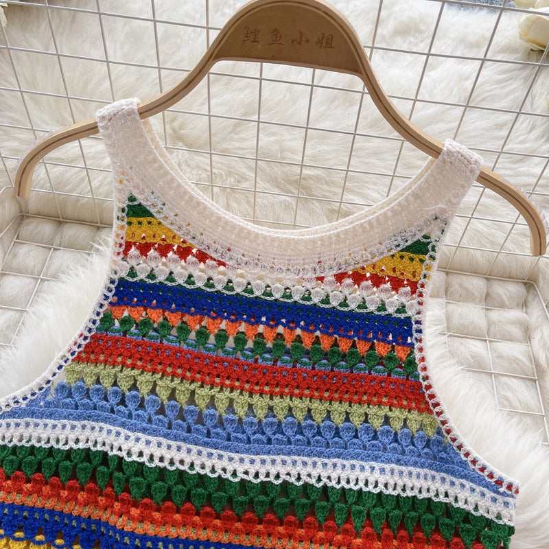 SINGREINY Bohemian Rainbow Knit Tops Y2k Hooked Flower Hollow Out Sleeveless Sweet Summer Women Holiday Beachwear Colorful Camis