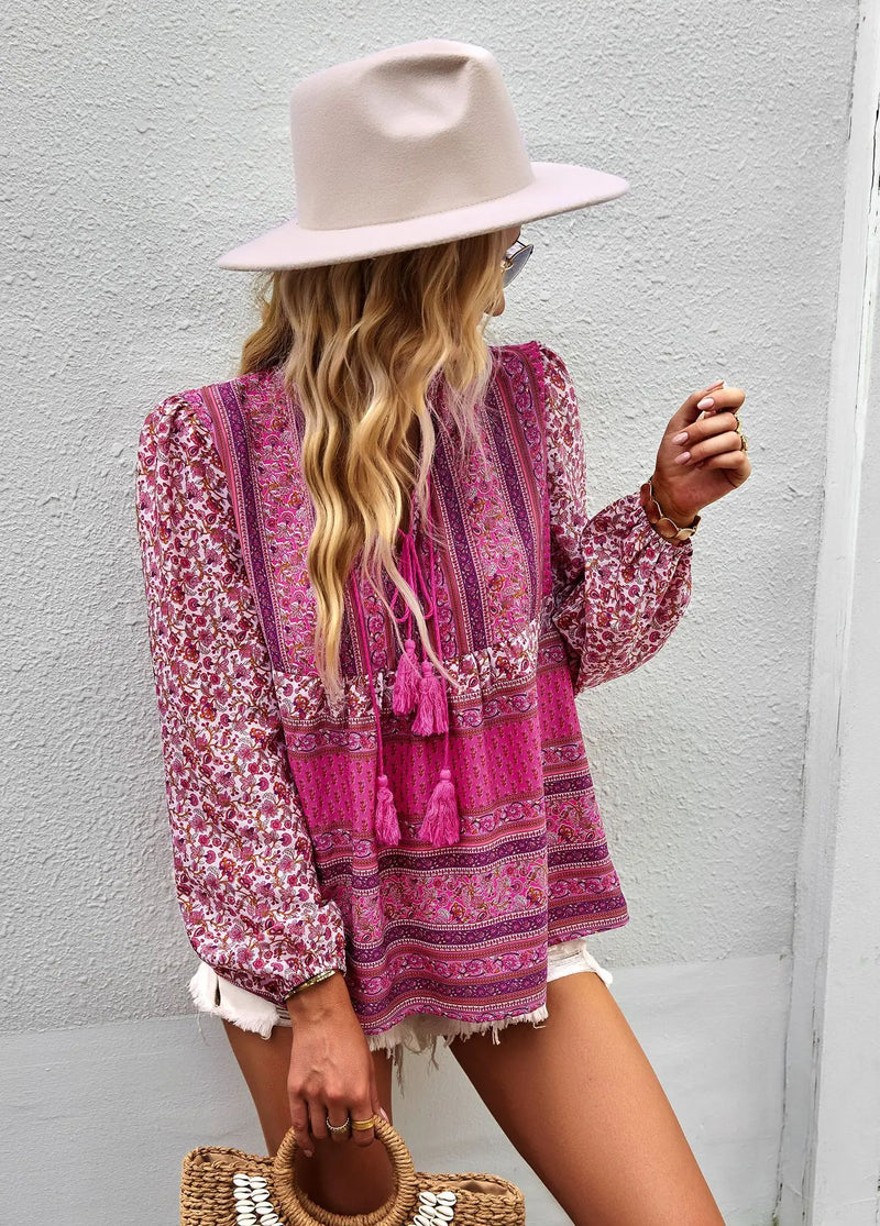 Boho lnspired Pink Floral Blouse Women V-neck Tassel Long Sleeve Bohemian Women Tops New Summer Fashion  Blouse Shirt For Women