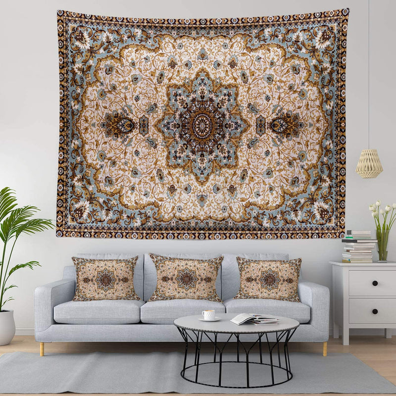 the PERSIAN RUG - Round Mandala Blue/Grey Tapestry Eastern Oriental Persian Textile Pattern Wall Hanging, Large Tapestry Decorations